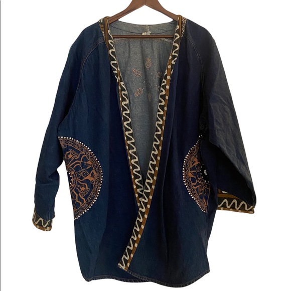 Vintage Jackets & Blazers - Vintage 70’s Denim and Tribal Print Embroidery Over Coat Shawl